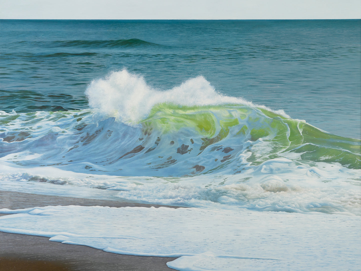 crashing wave oil painting of an ocean wave on the outer banks with lots of foam and light coming through the wave
