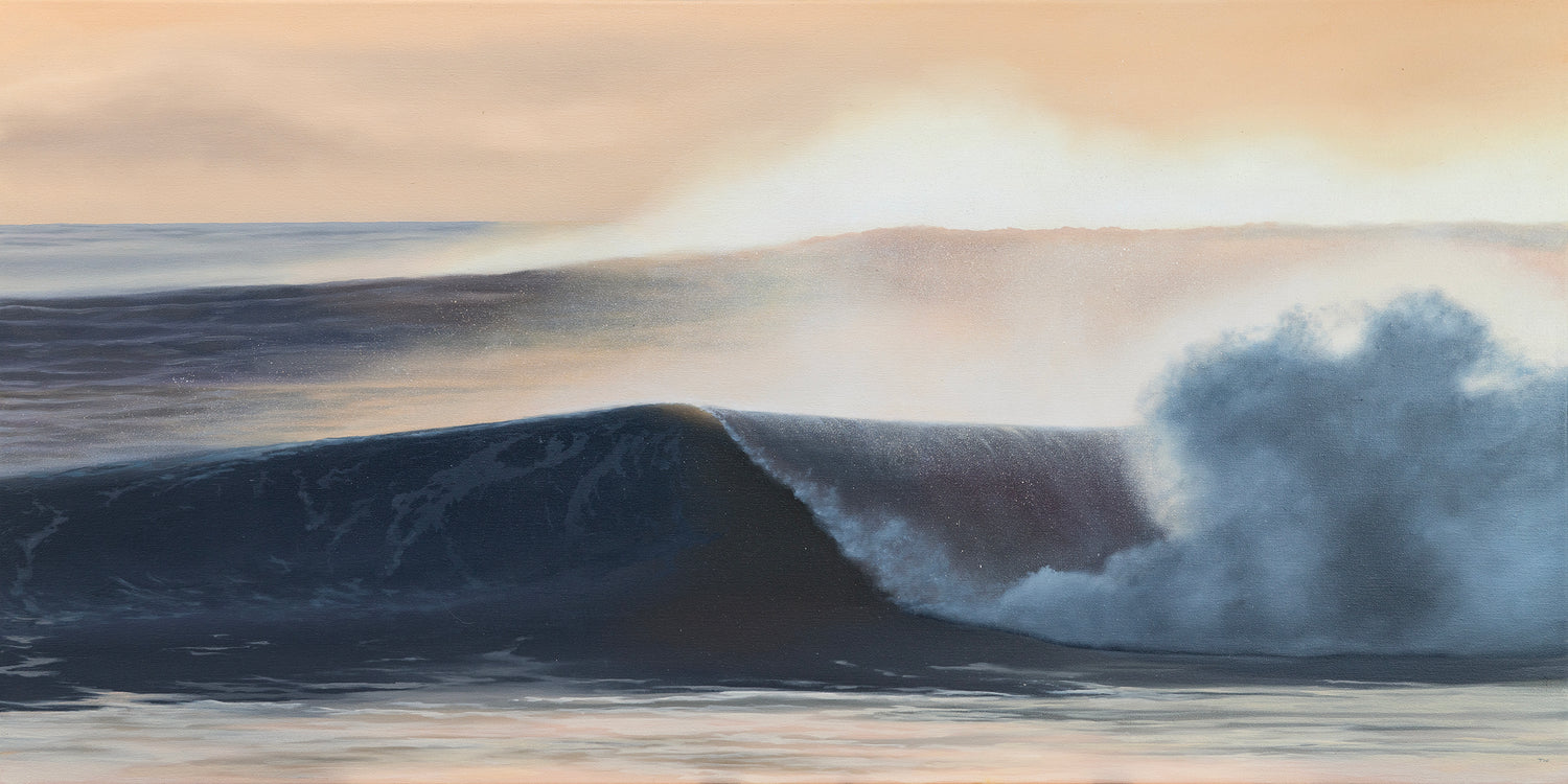 crashing wave oil painting with the sunrise coming through the wave