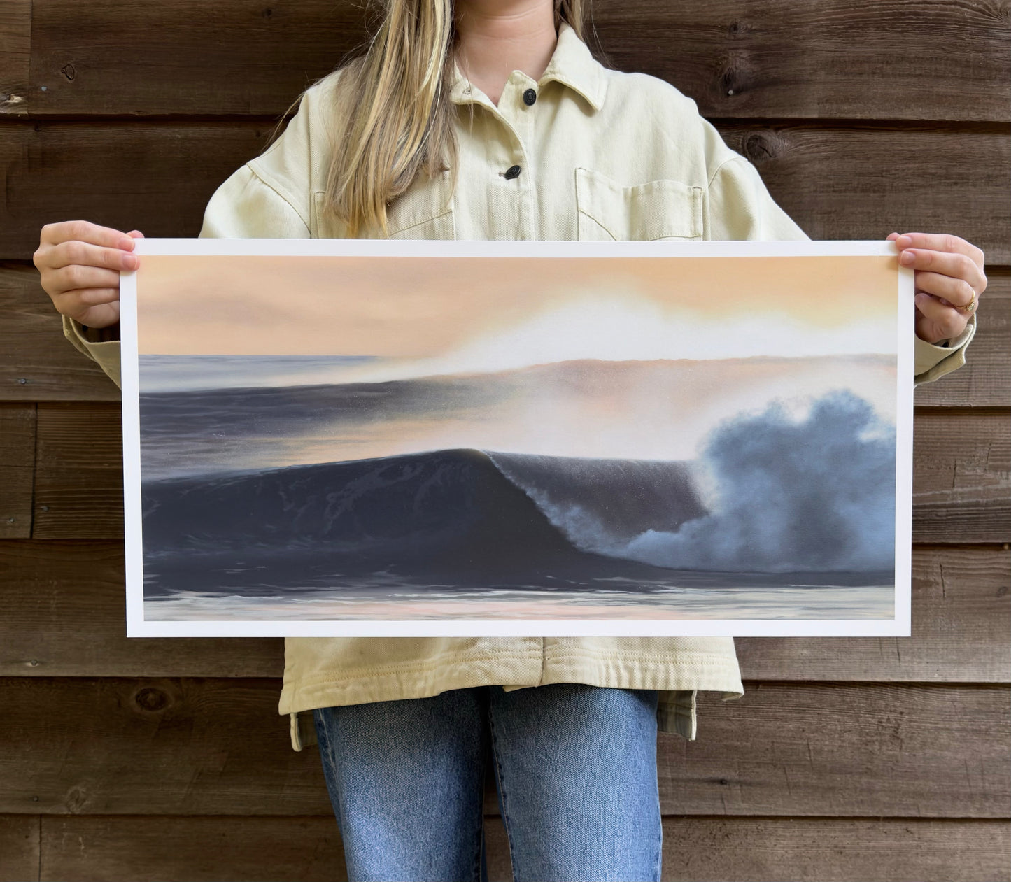 crashing wave oil painting with the sunrise coming through the wave limited edition print of 100 large print