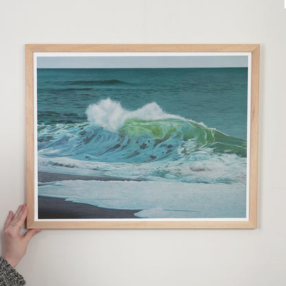 crashing wave oil painting of an ocean wave on the outer banks with lots of foam and light coming through the wave